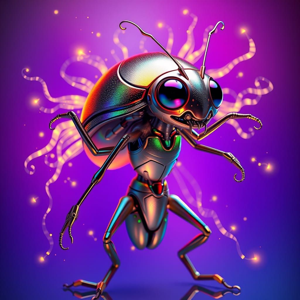 Iridescent Ladybug Alien Shines Against Vibrant, Ombre Backg...