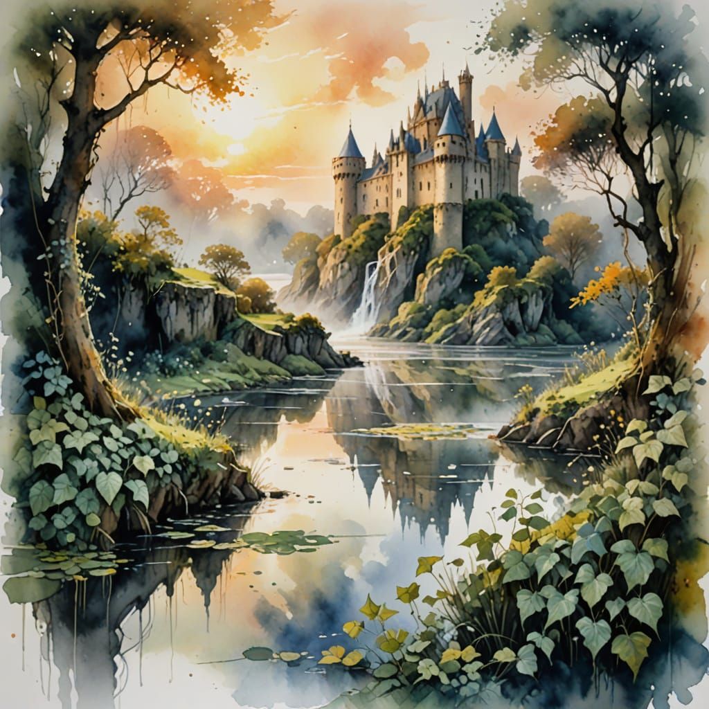 Ethereal Sunrise Castle Amidst Foggy Moat