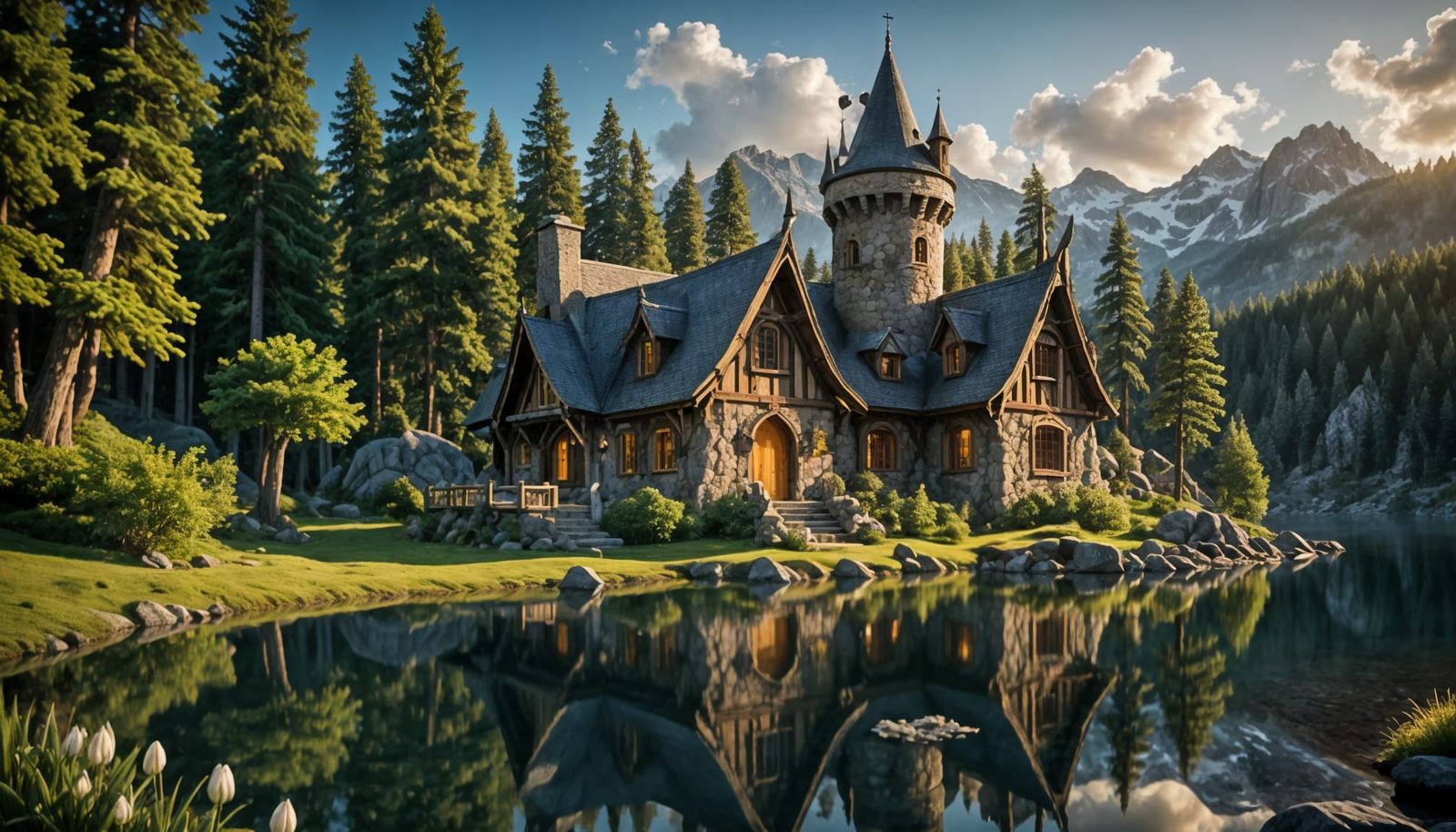 Whimsical Elvish Lake Cottage with Round Towers
