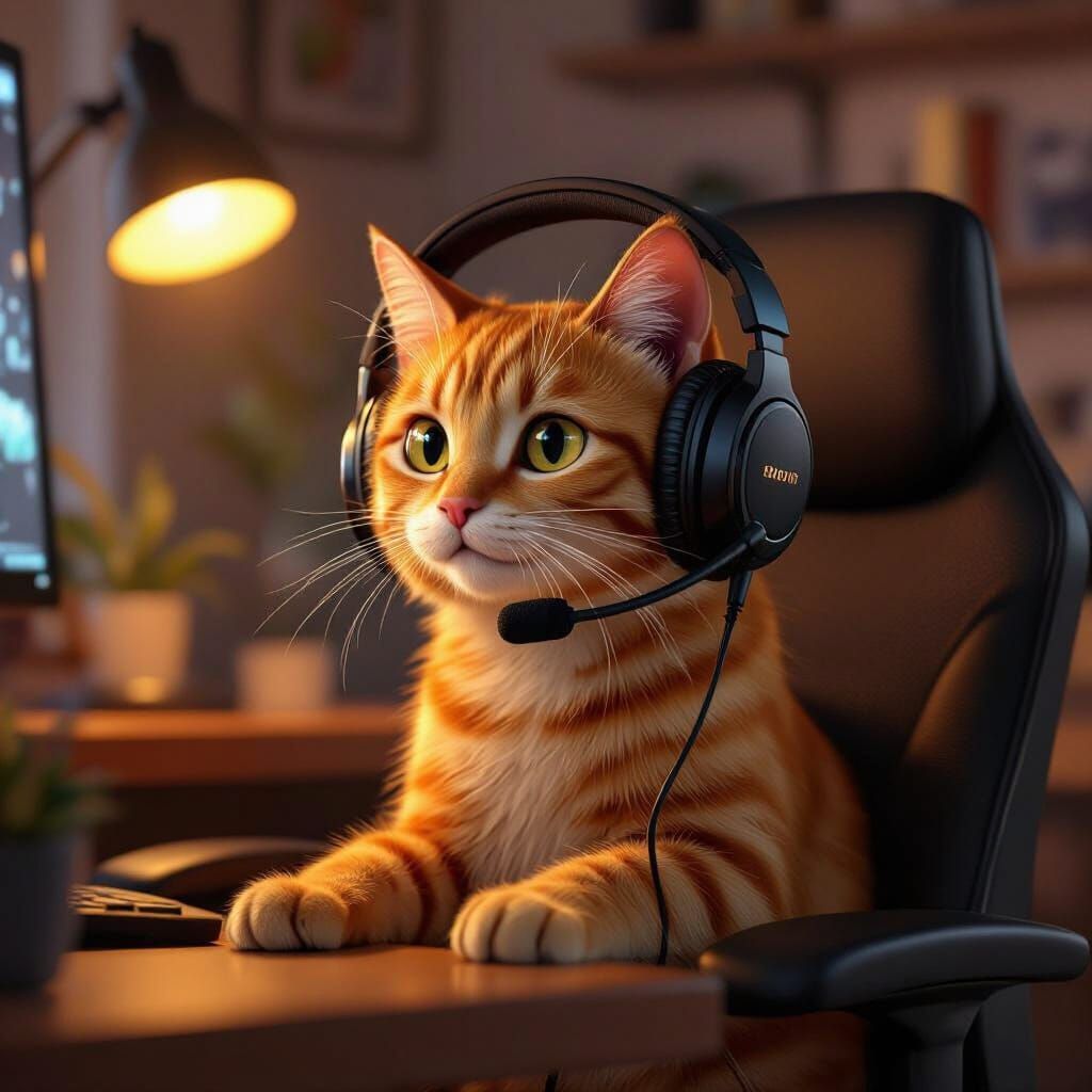 Orange Cat Podcaster Wearing Headset in Office Chair