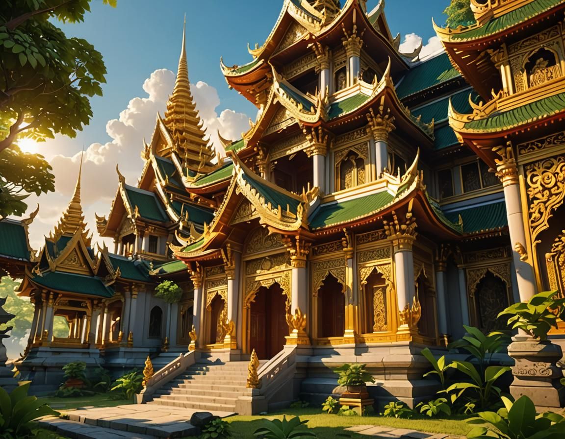 Thai Temple Complex in Vibrant 3D Anime Style