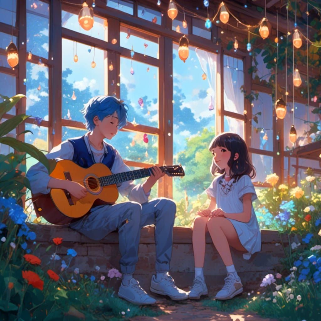 Idyllic Childhood Scene in Whimsical Blue and White Hued Vil...