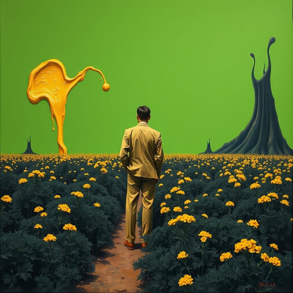 Surreal Figure in Goldenrod Field, in Dali Style