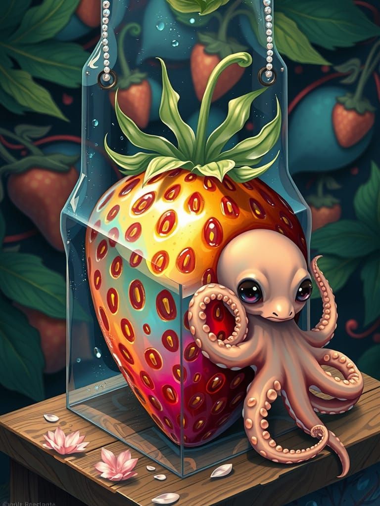 Pastel Octopus Embracing a Rainbow Strawberry in Dreamy Wate...