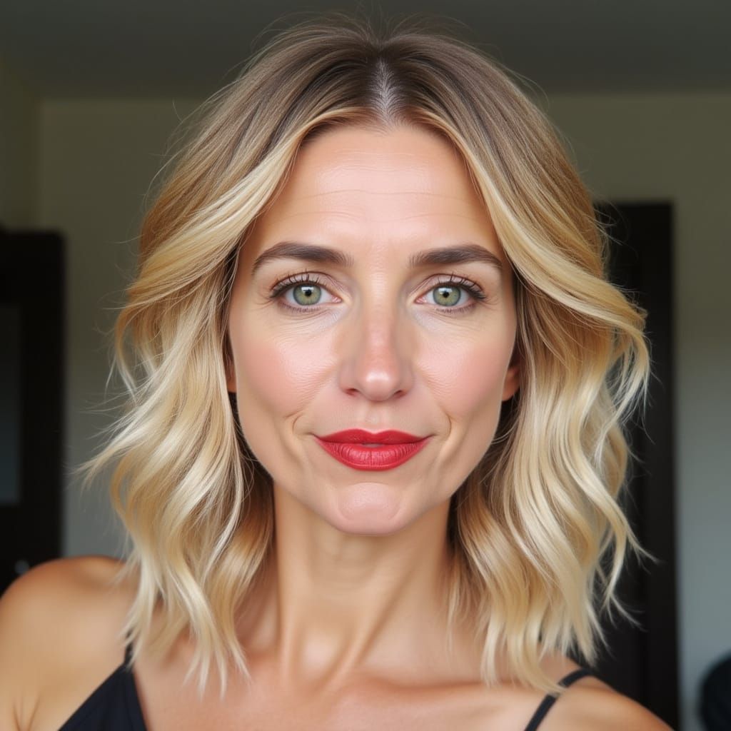 Happy Woman with Blonde Bob and Red Lipstick