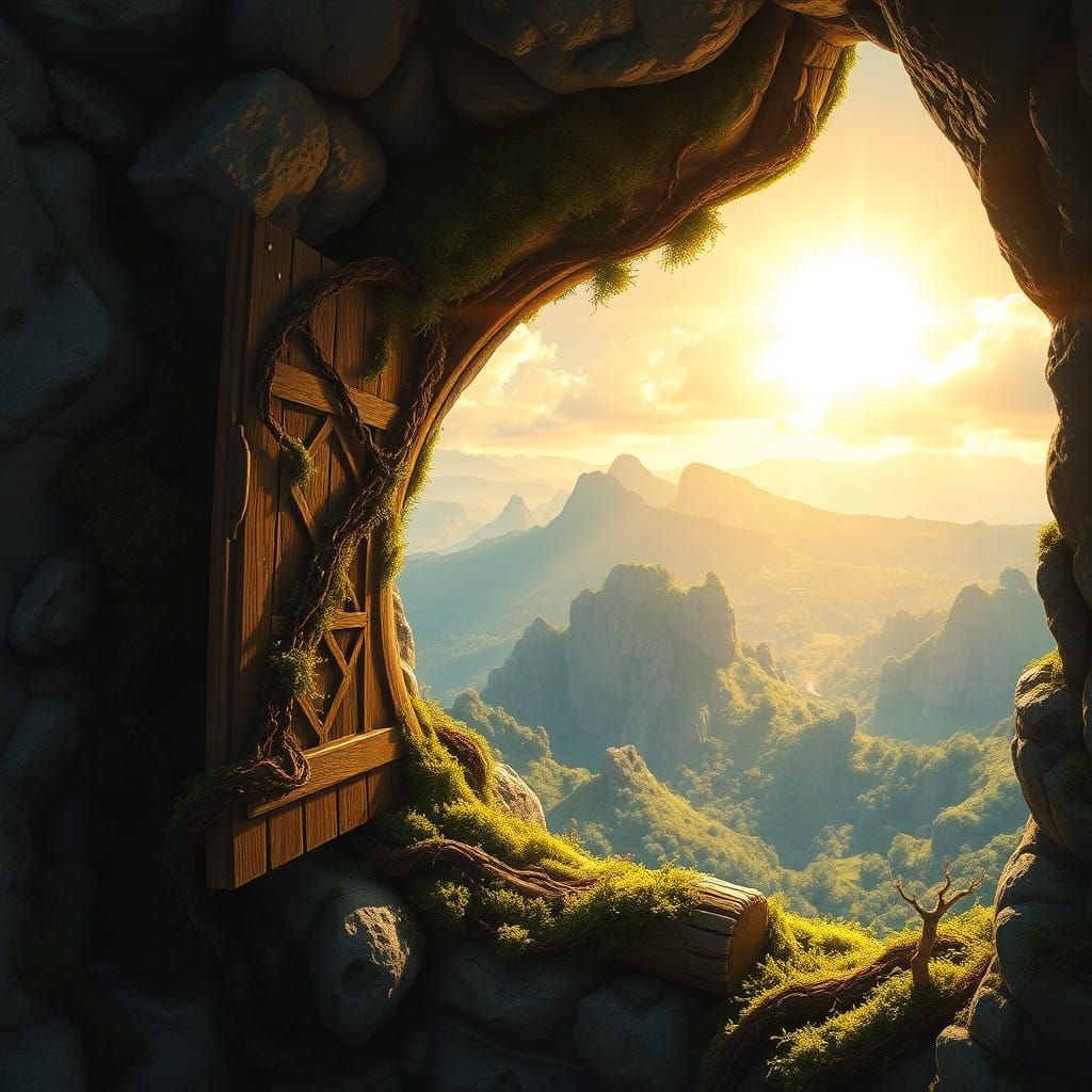 Surreal Fantasy Landscape Beyond Ancient Dungeon Window