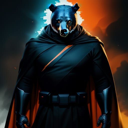 Heroic Bear Superhero in Futuristic Cityscape