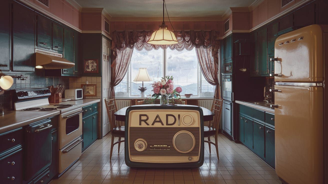 Retro Kitchen Scene Radios in a Vibrant 1950s Era