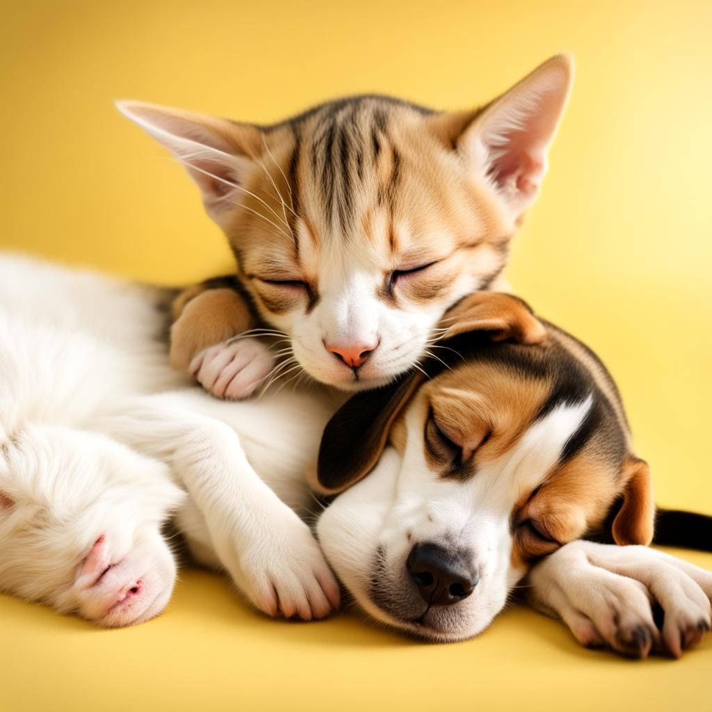 Blond Kitten and Dog Share a Cozy Moment