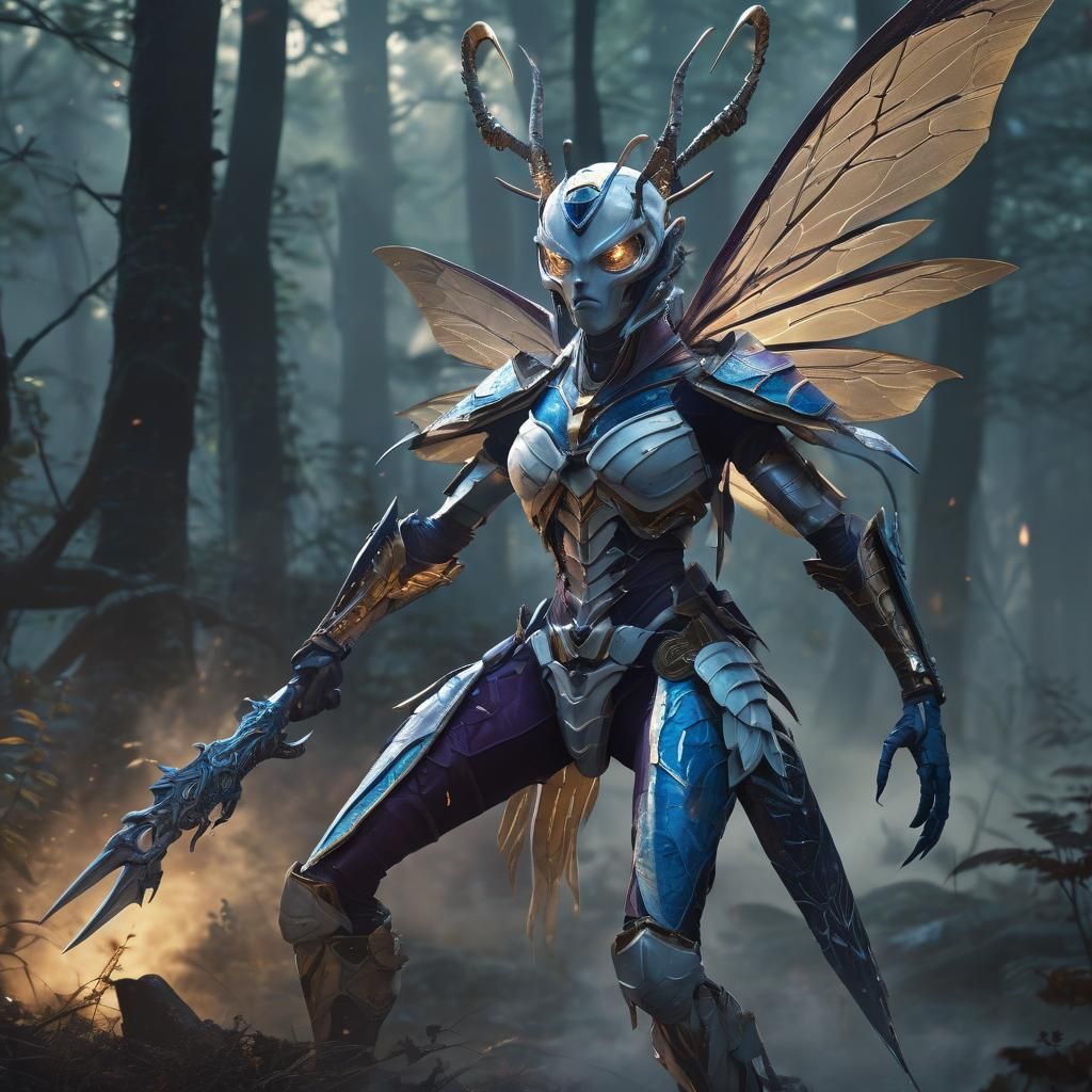 Fantasy Mosca Warrior Battles in Ancient Misty Forest