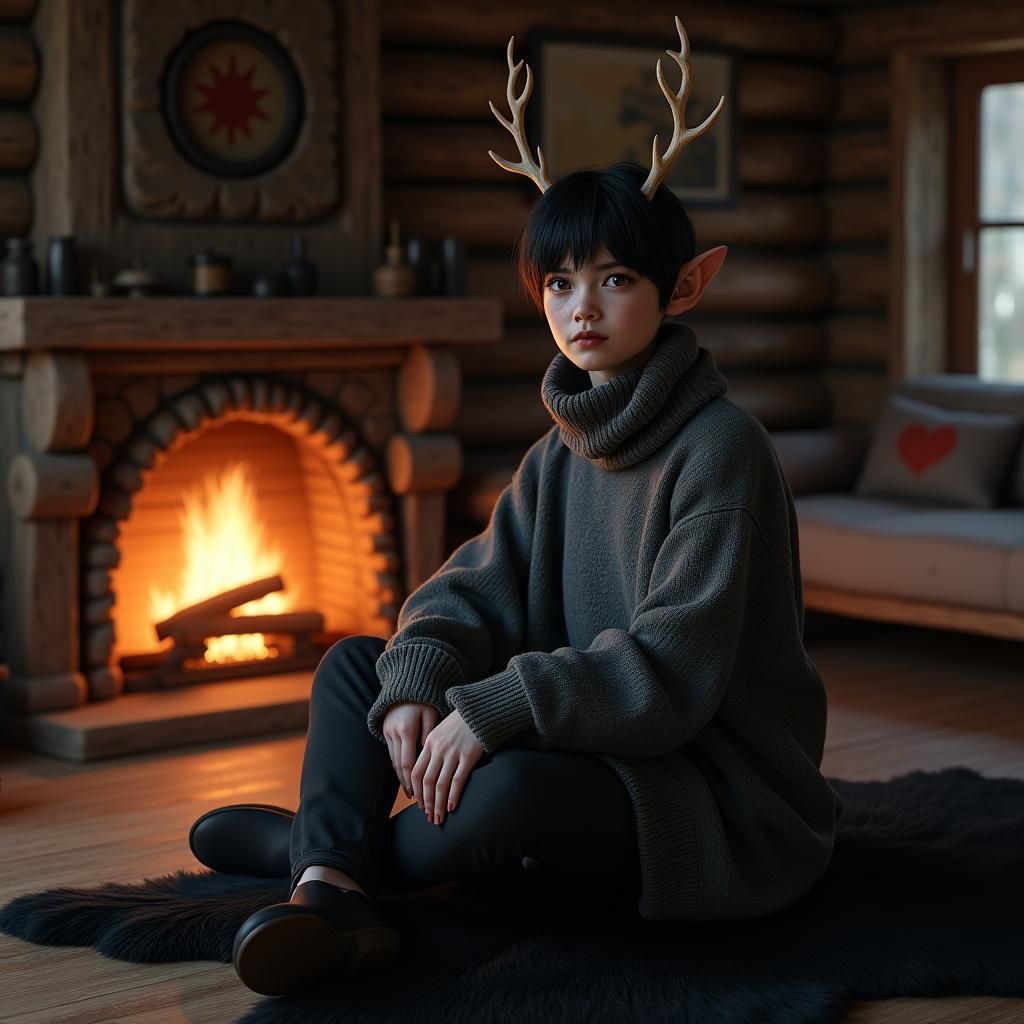 Surreal Fantasy Elf on Black Bearskin Rug in Cozy Log Cabin