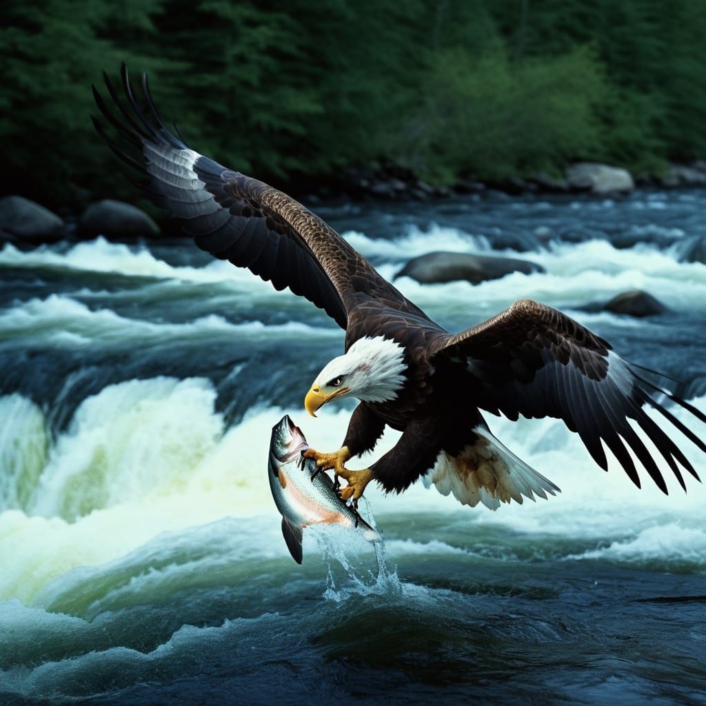 Eagle Grabs Salmon from Rushing Rapids - Cinematic Film Stil...