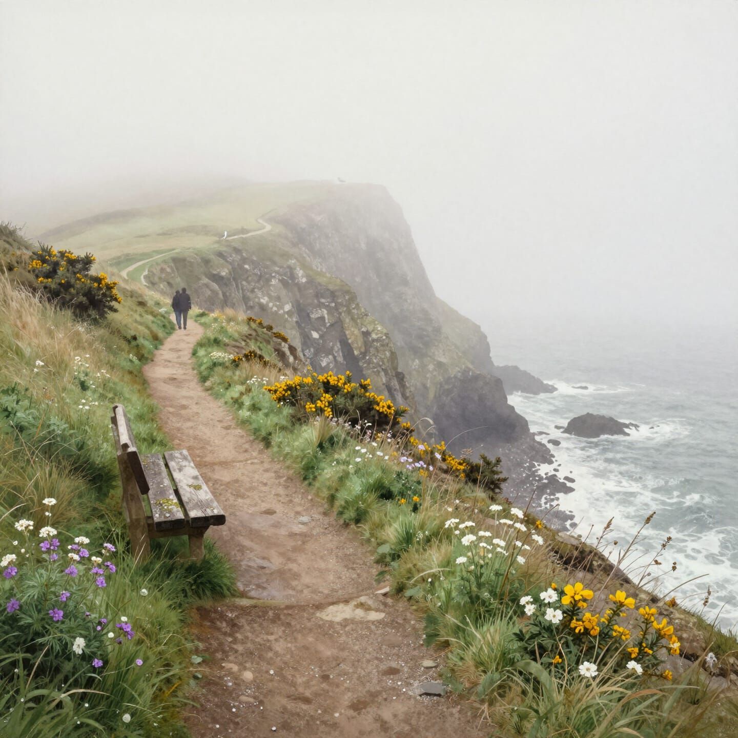 Coastal Path in Marine Fog Watercolor Painting