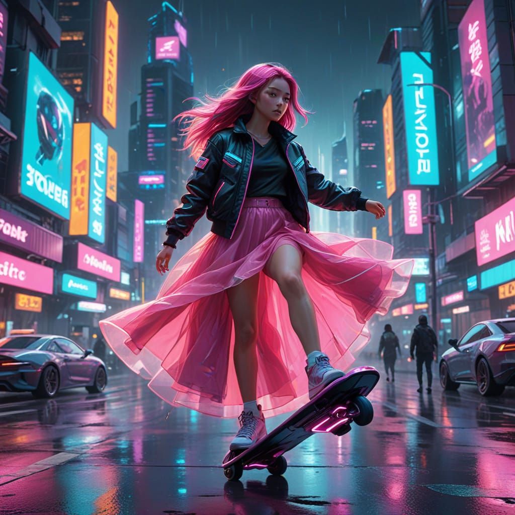 Futuristic Asian Cityscape in Neon Lights with Android Cyber...