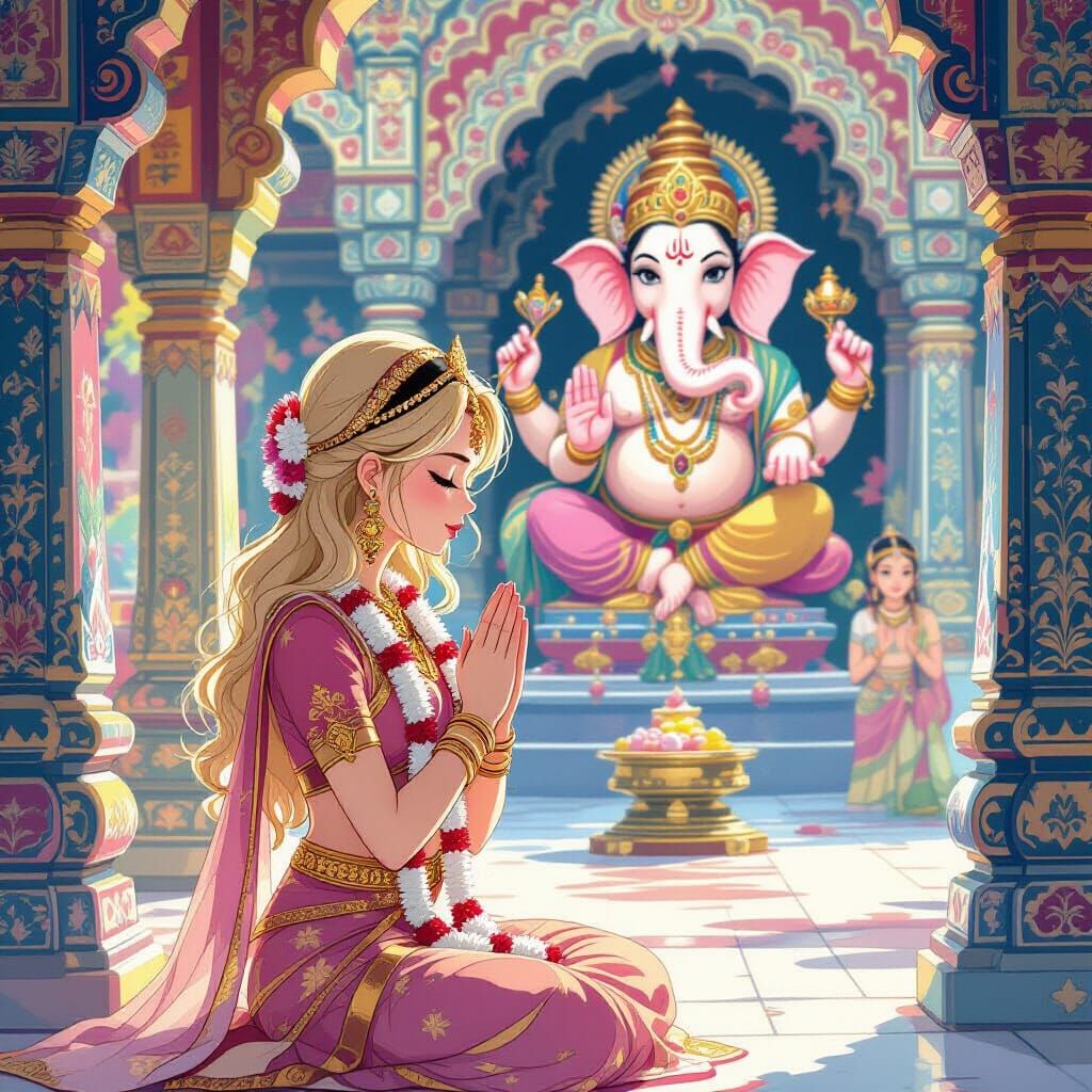 Anime Angel Praying in Hindu Temple