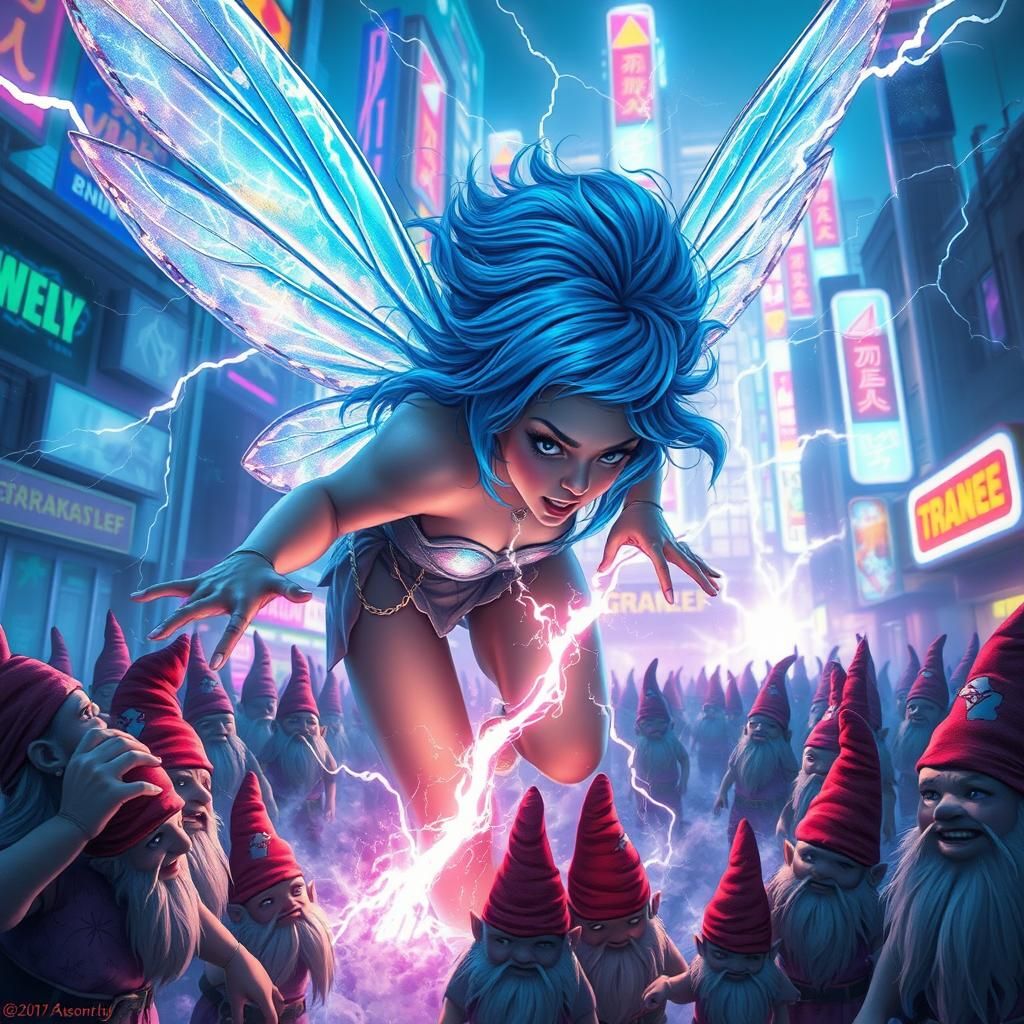 A blue hair electrical fairy with lighting wings electrocuti...