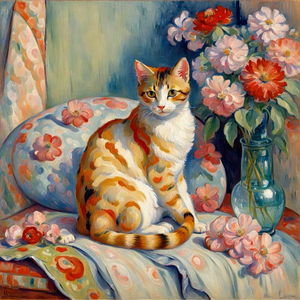Whimsical Fauvist Scene with Cat and Flowers