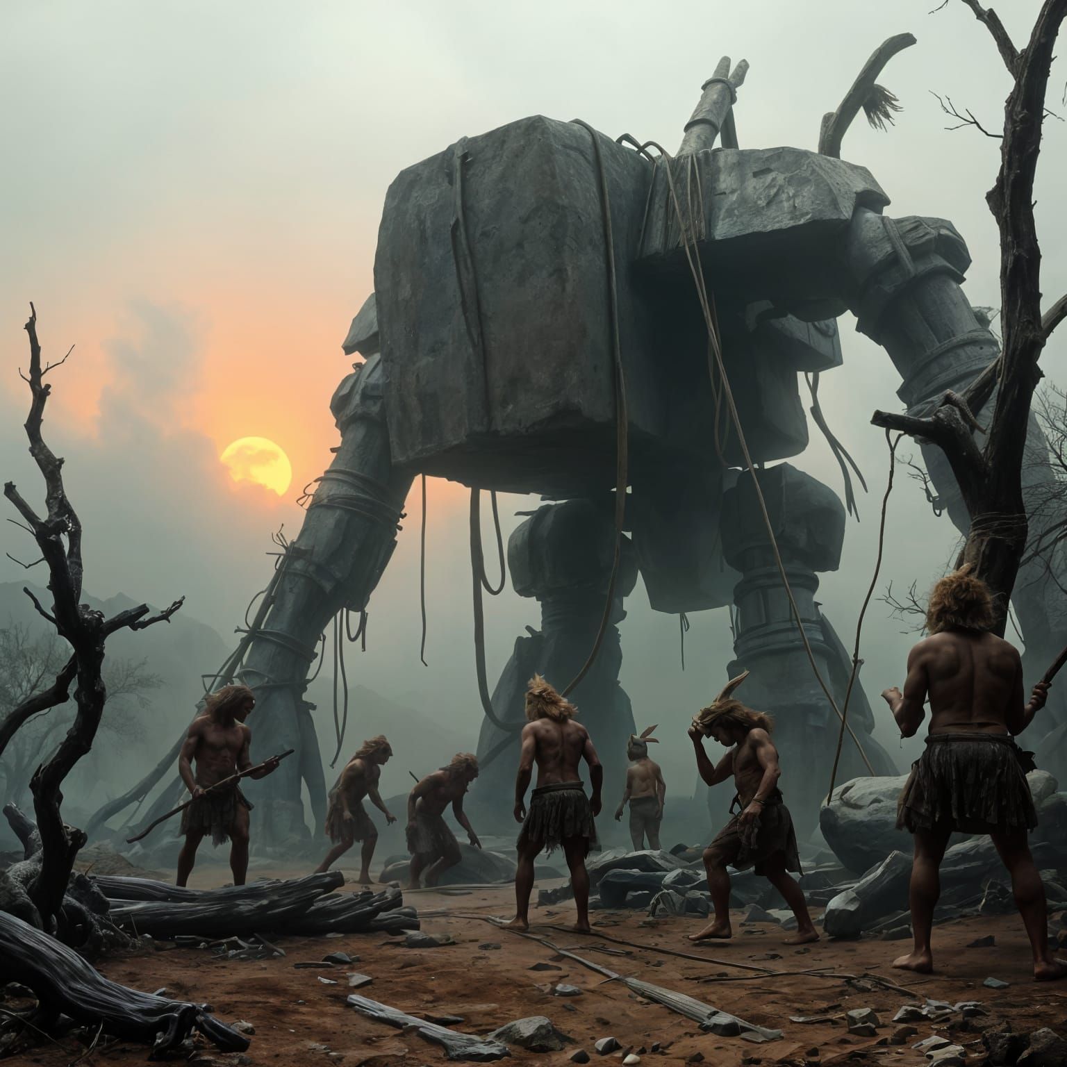 Prehistoric Warrior Mecha in a Fossilized Landscape