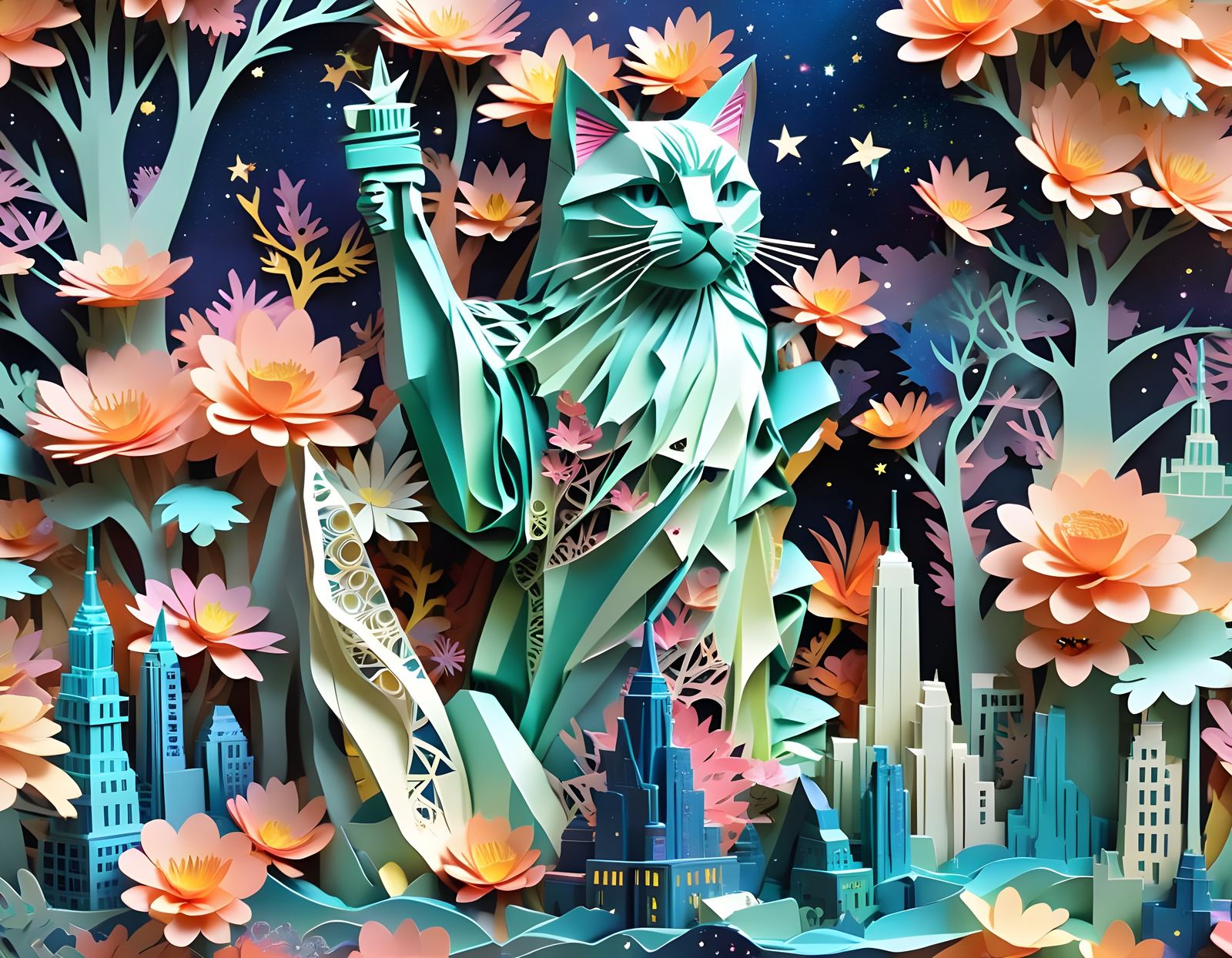 Ornate Cat Contemplates New York City Panorama