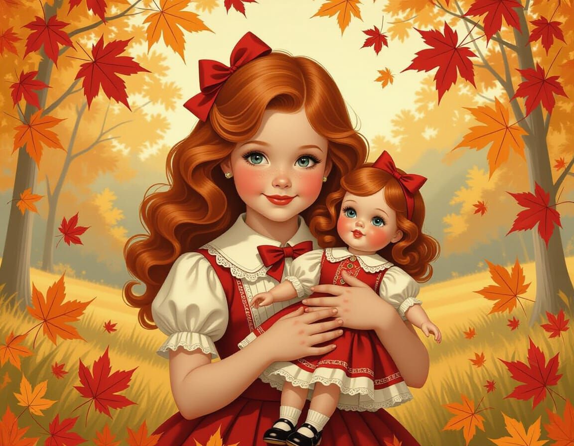 Redhead Girl with Doll in Autumn Landscape