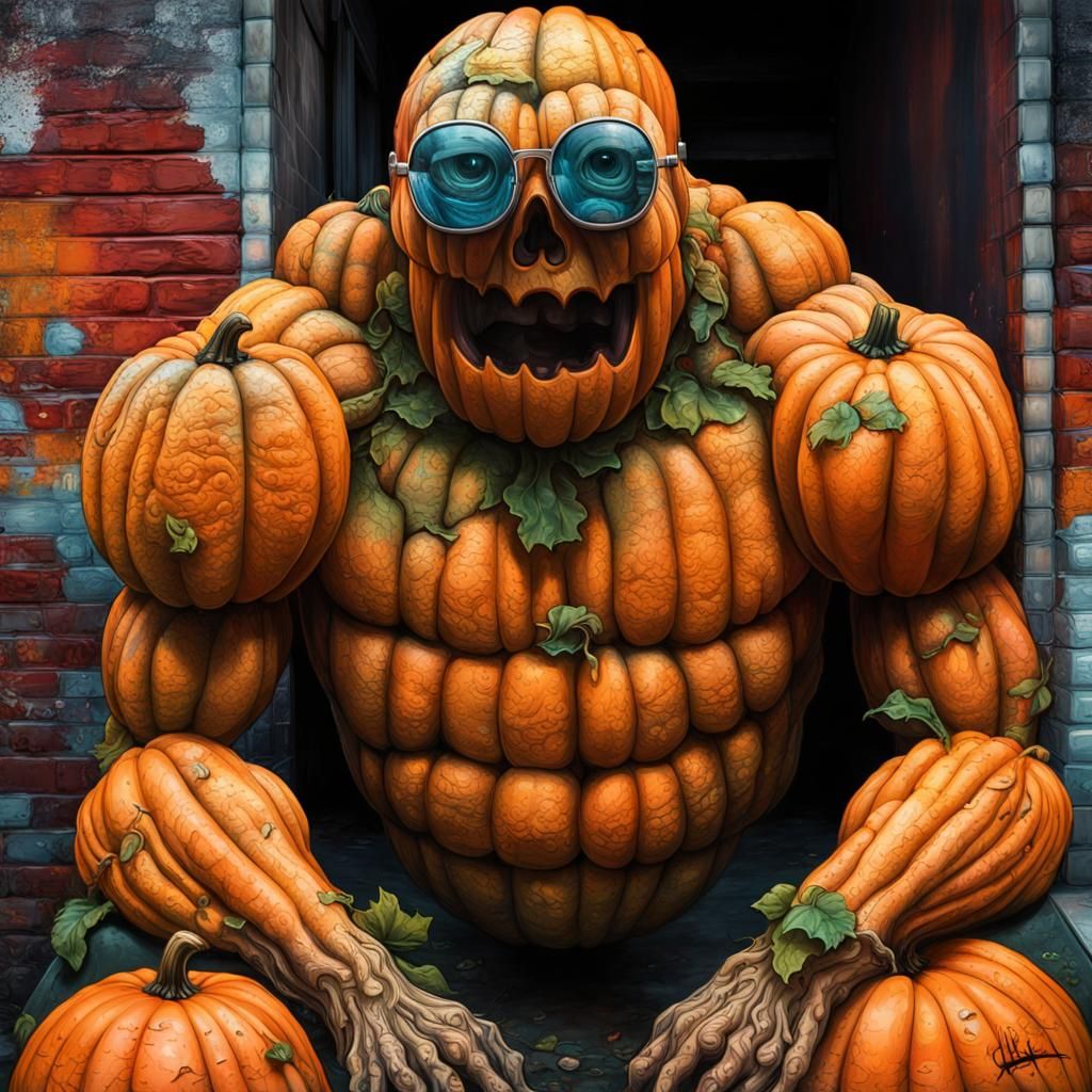 Impressive Pumpkin Golem Graffiti Art in Hyperrealistic Styl...