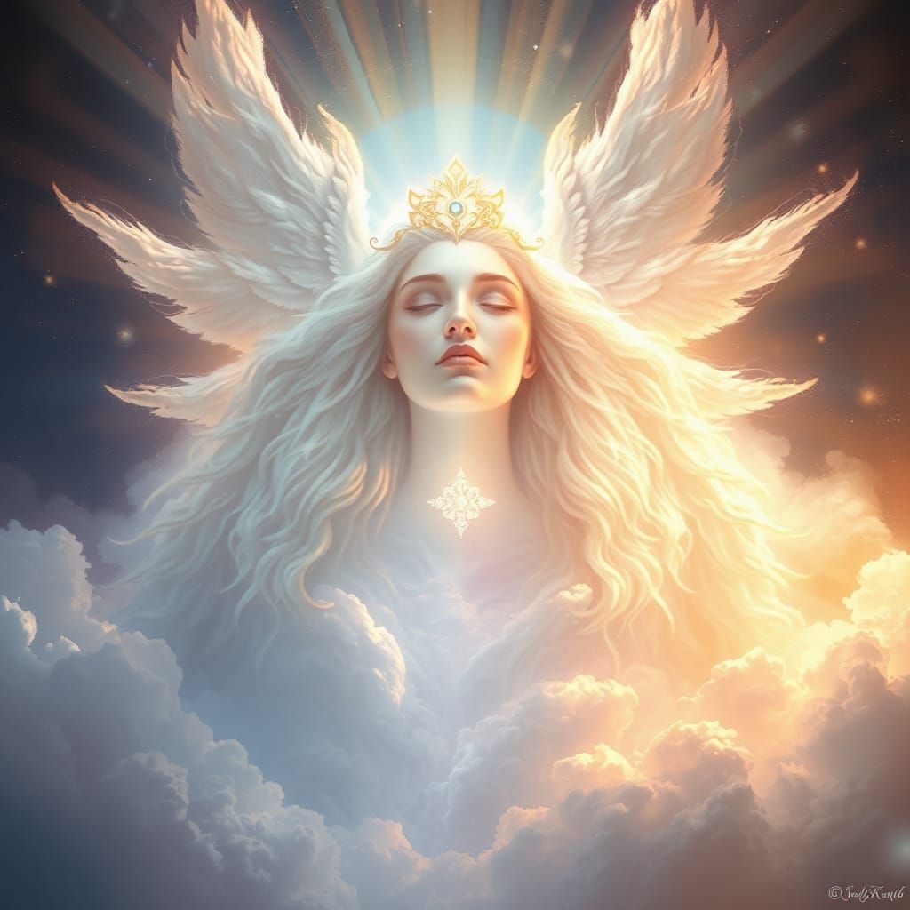 Surreal Being Radiates Sacred Aura Amidst Serene Clouds and...