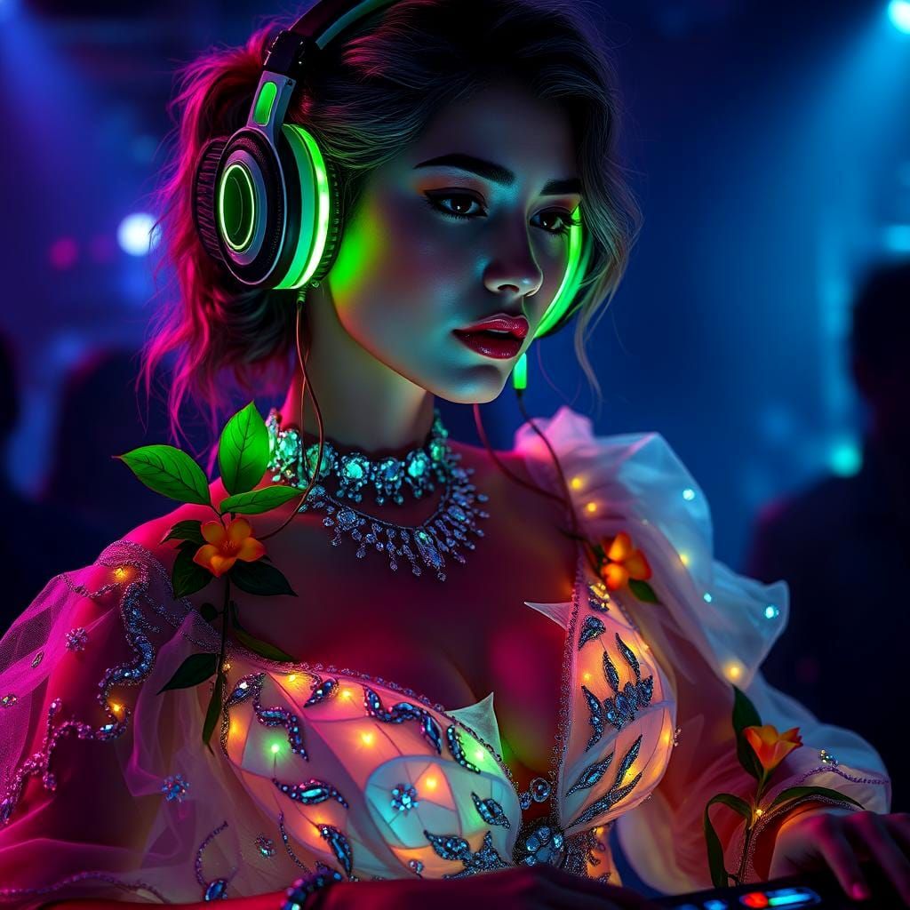 Vibrant DJ in Radiant, Mystical Club Attire, Inspired by Fan...