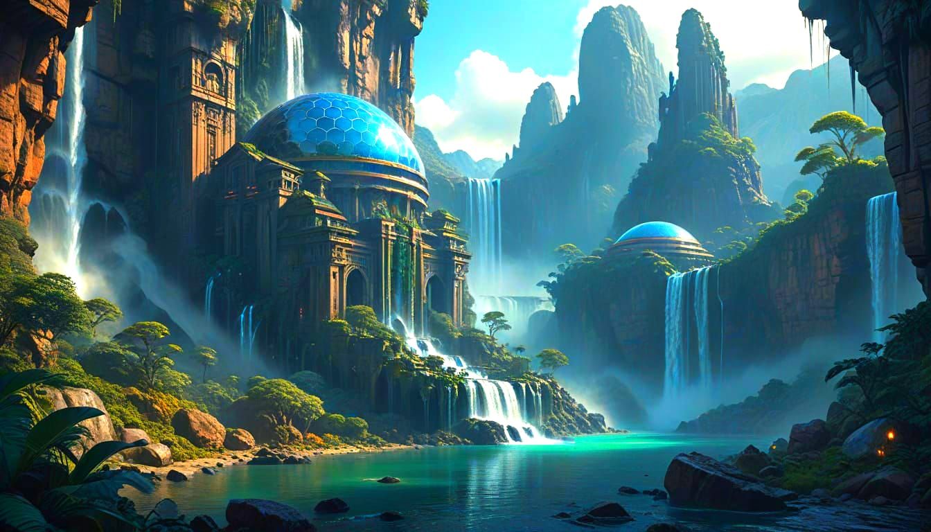 Surreal Futuristic City Integrated with Nature and Waterfall...