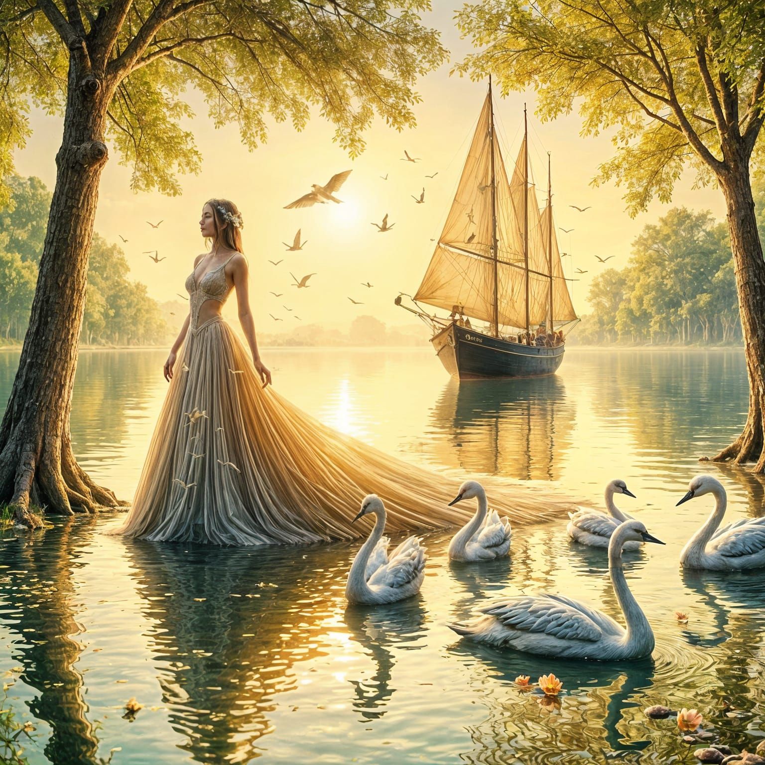 Dreamy Enchantment of a Gentle Woman by a Serene Lake