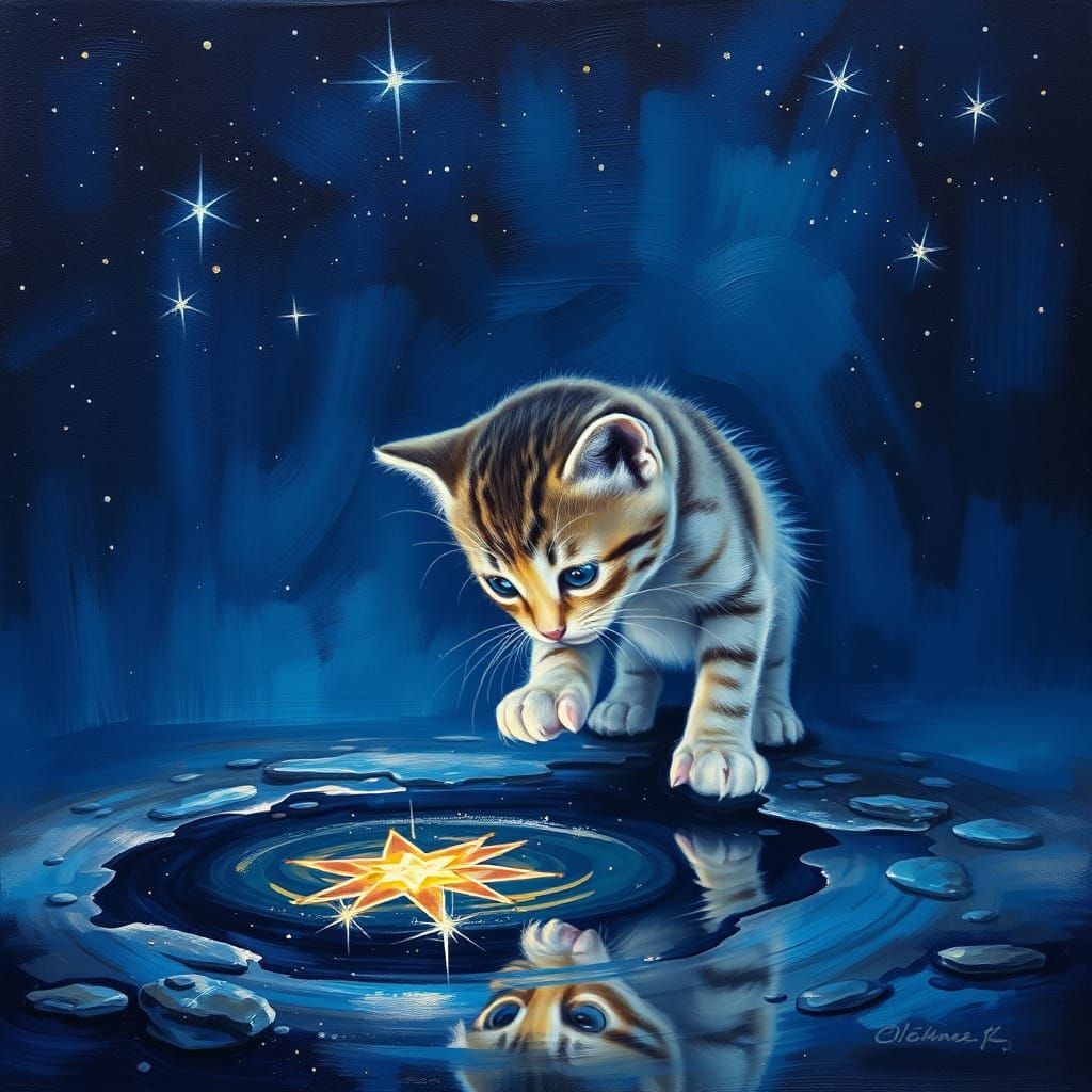 Kitten Gazing at Starry Reflection, Oil Painting