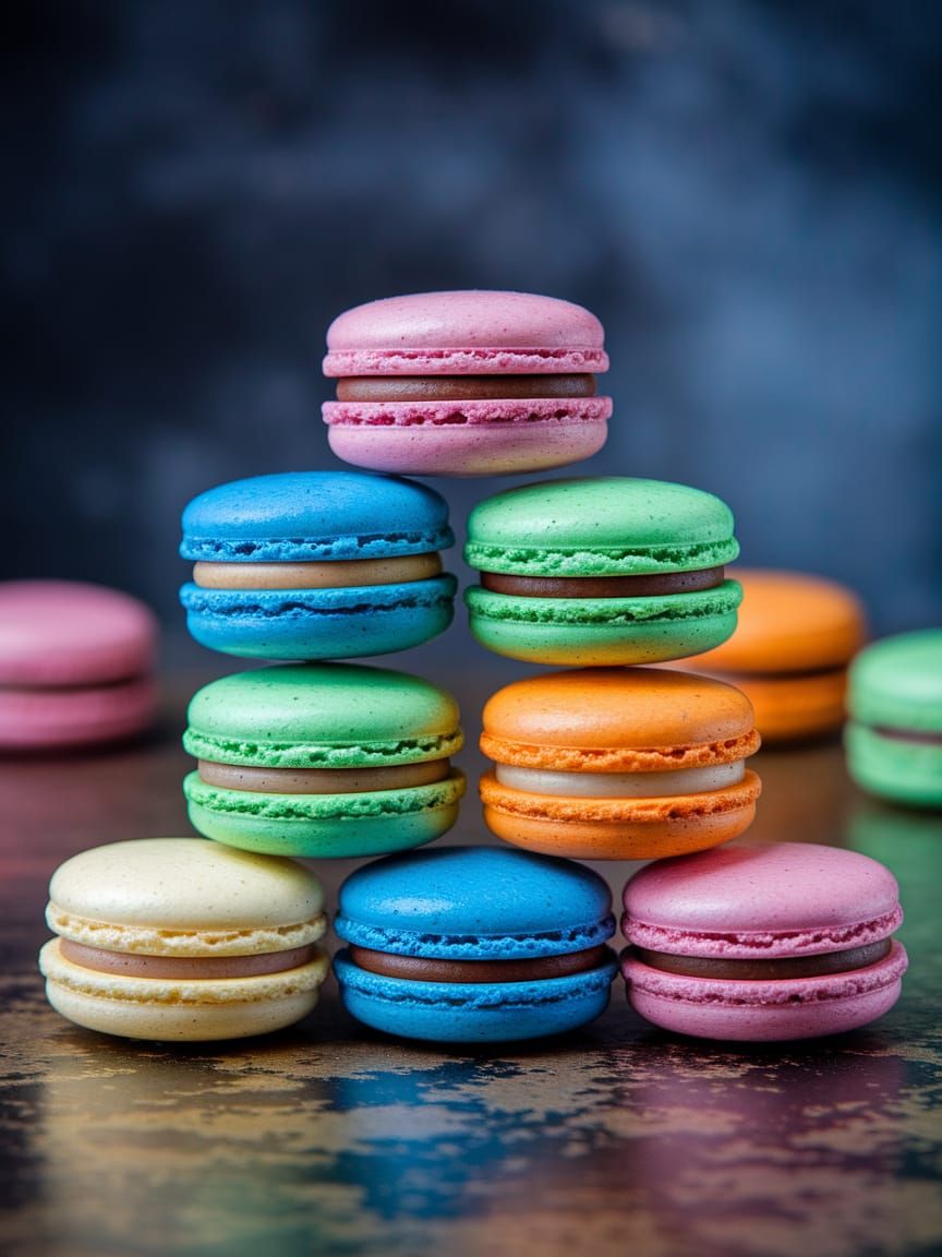 Vibrant Macaron Pyramid in Rustic Texture