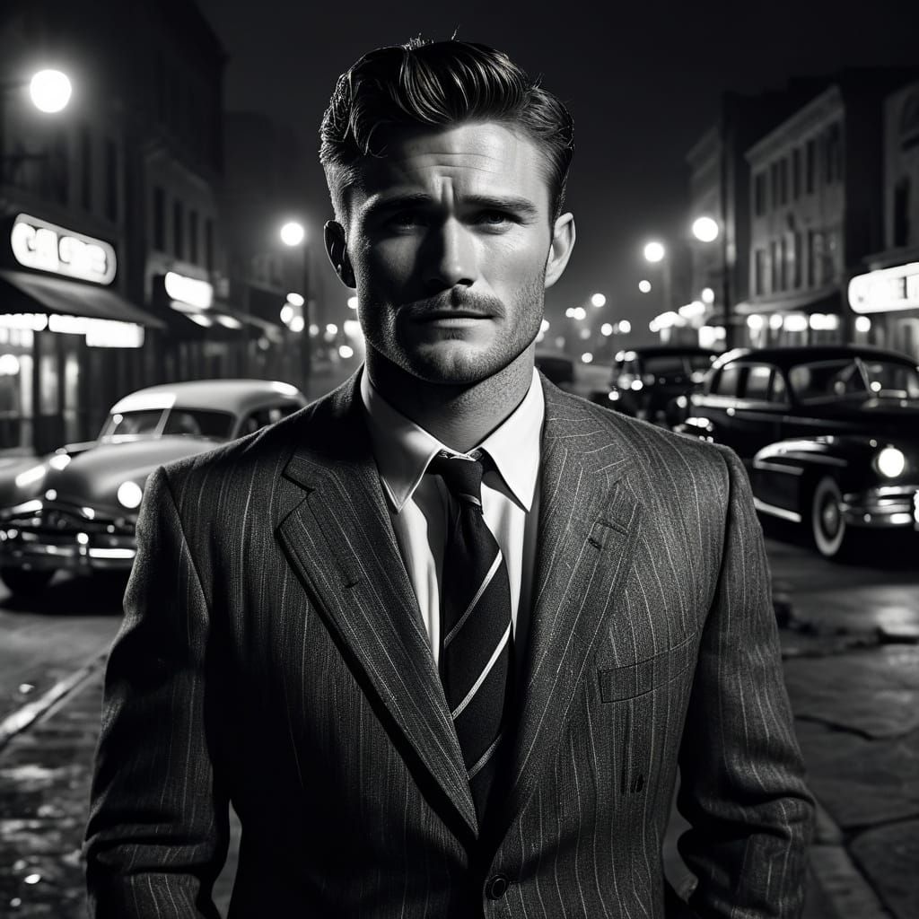 Moody 1950s Film Noir Detective in a Pinstriped Suit