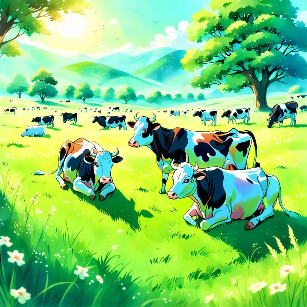 Whimsical Anime Cows in a Lush Green Field