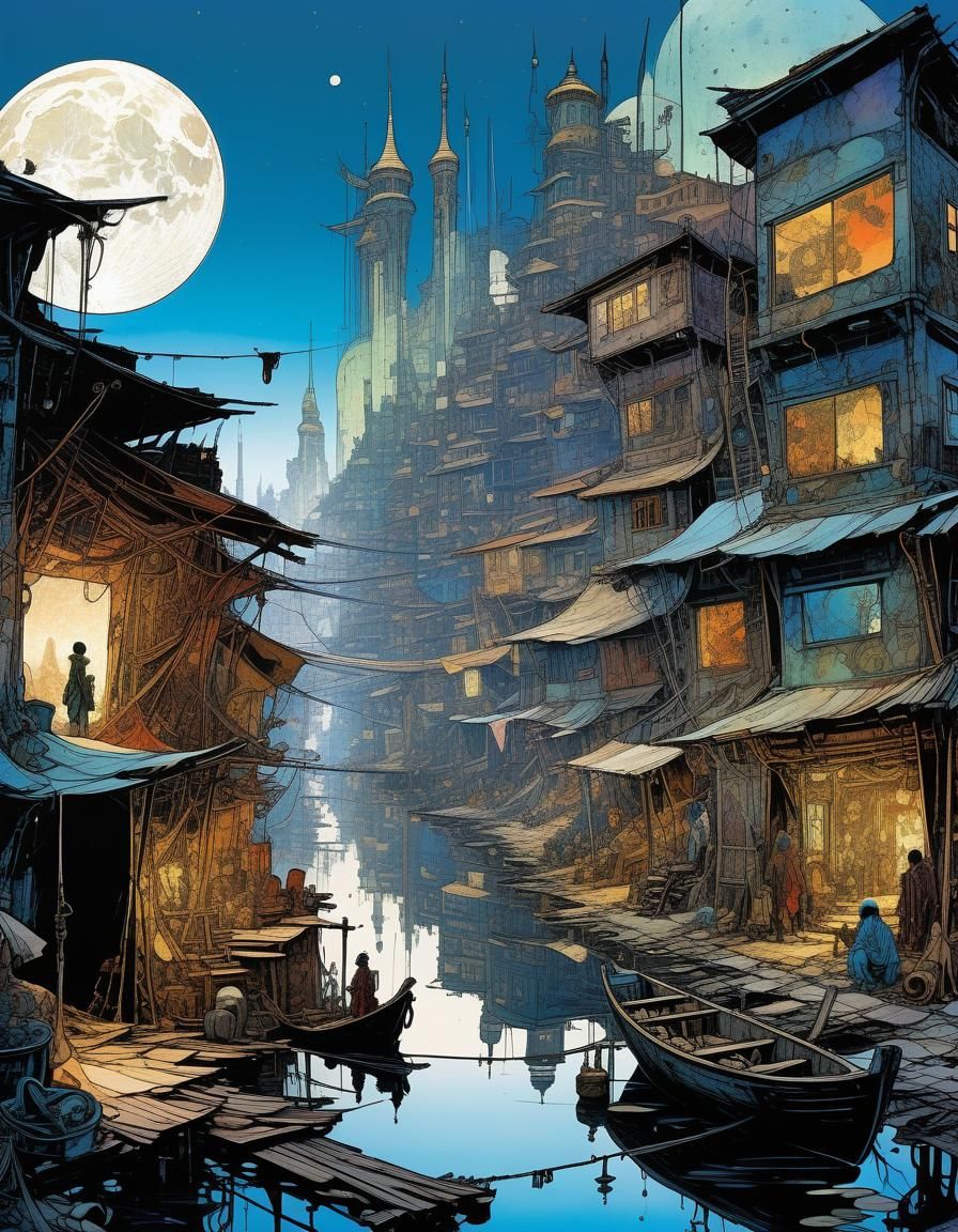 Moonlit Shantytown Dreamscape in Fantasy Style