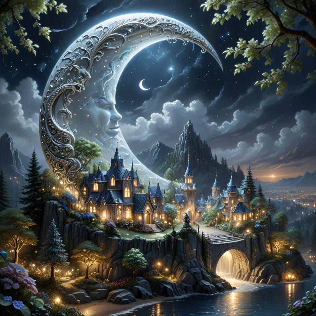 Ethereal Silver City Moonscape in Hyperdetailed Oil Style