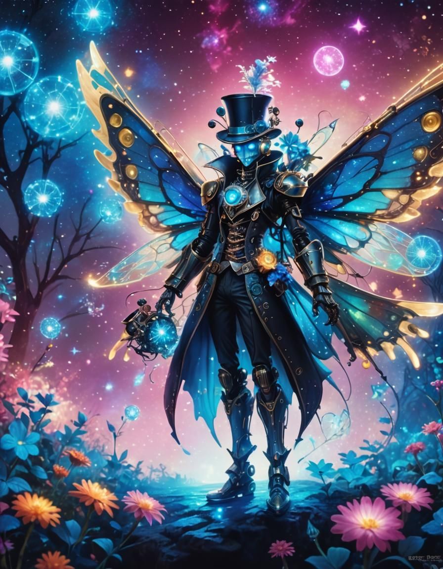 Ethereal Steampunk Robot Fairy in Vibrant Cosmic Night Sky