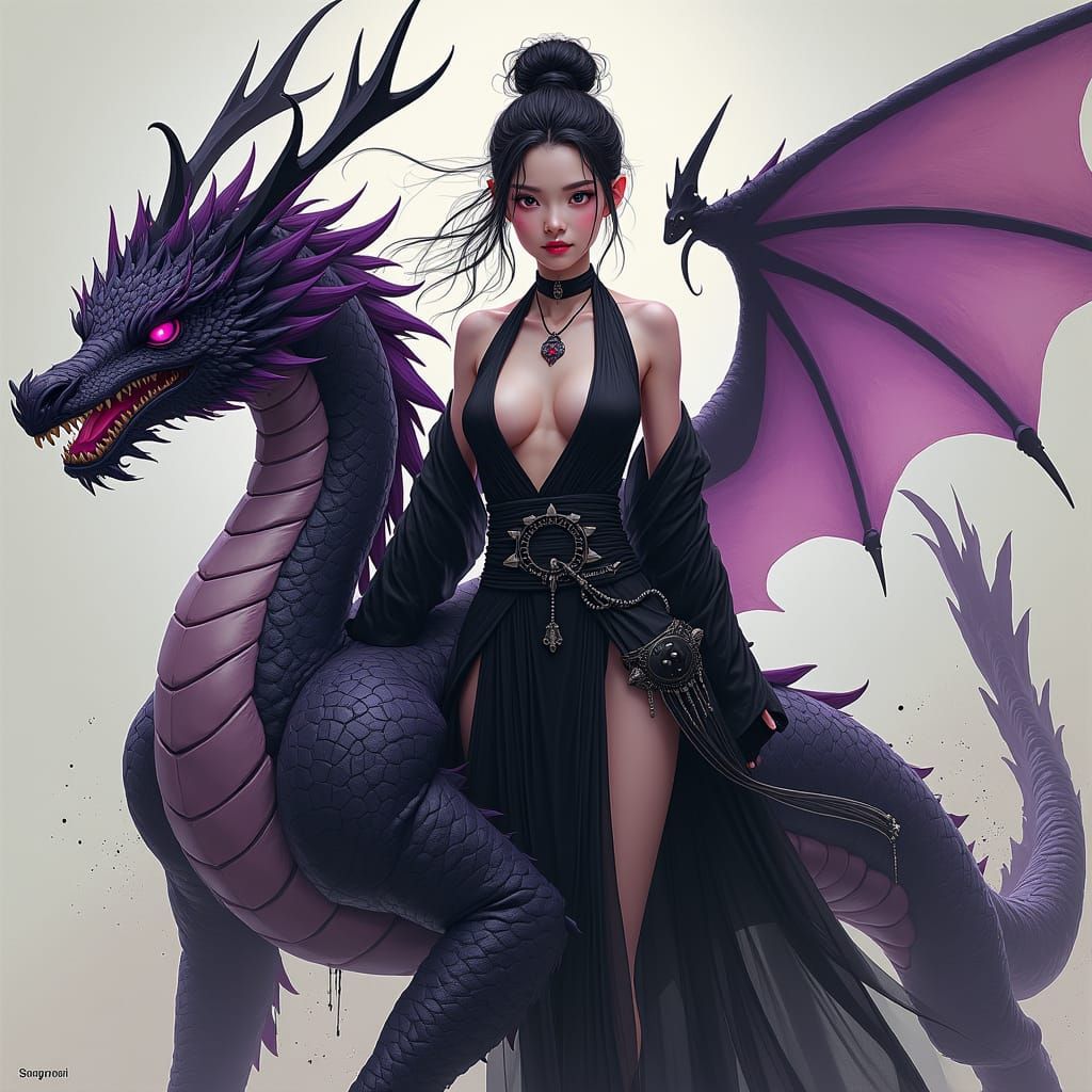 Drow Ninja Goddess Rides Majestic Dragon