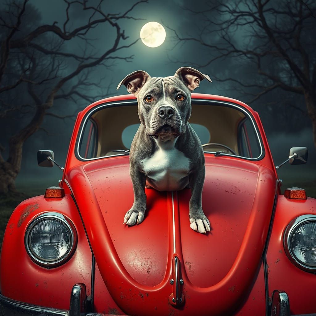 Rusty Red 1960s VW Beetle, Misty Night, Staffy Cross