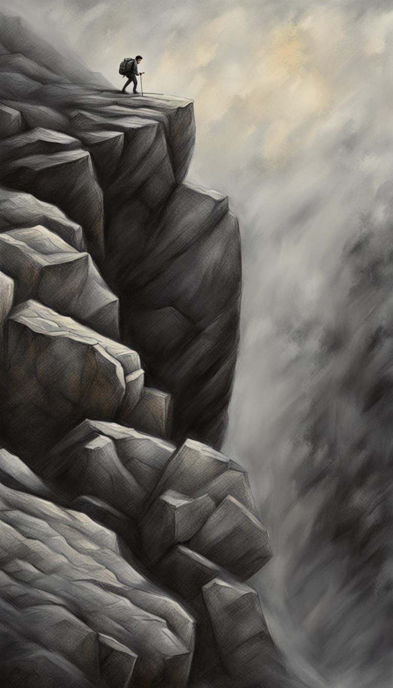 Mountaineer Climbing Cliff Face in Mixed Media Oil Painting