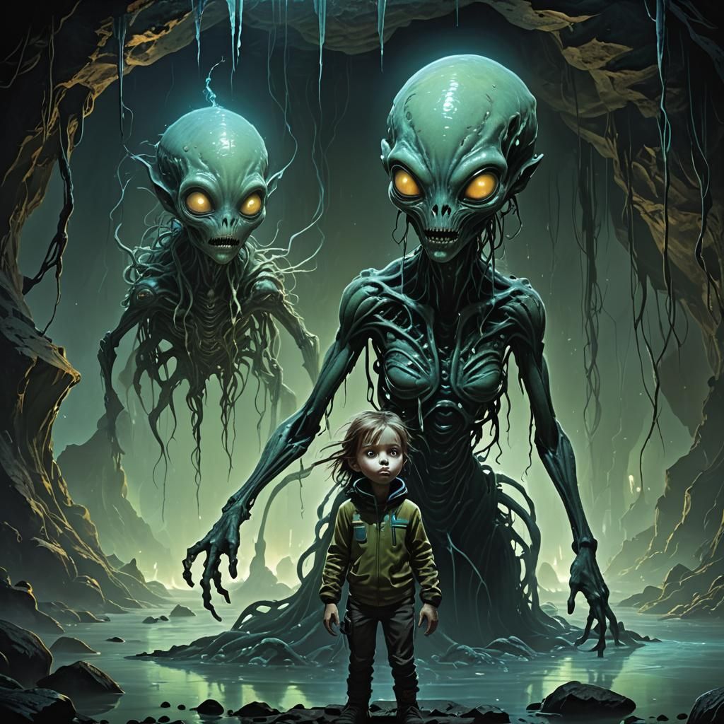 Grotesque Alien Terrorizes Frightened Child in Ancient Under...