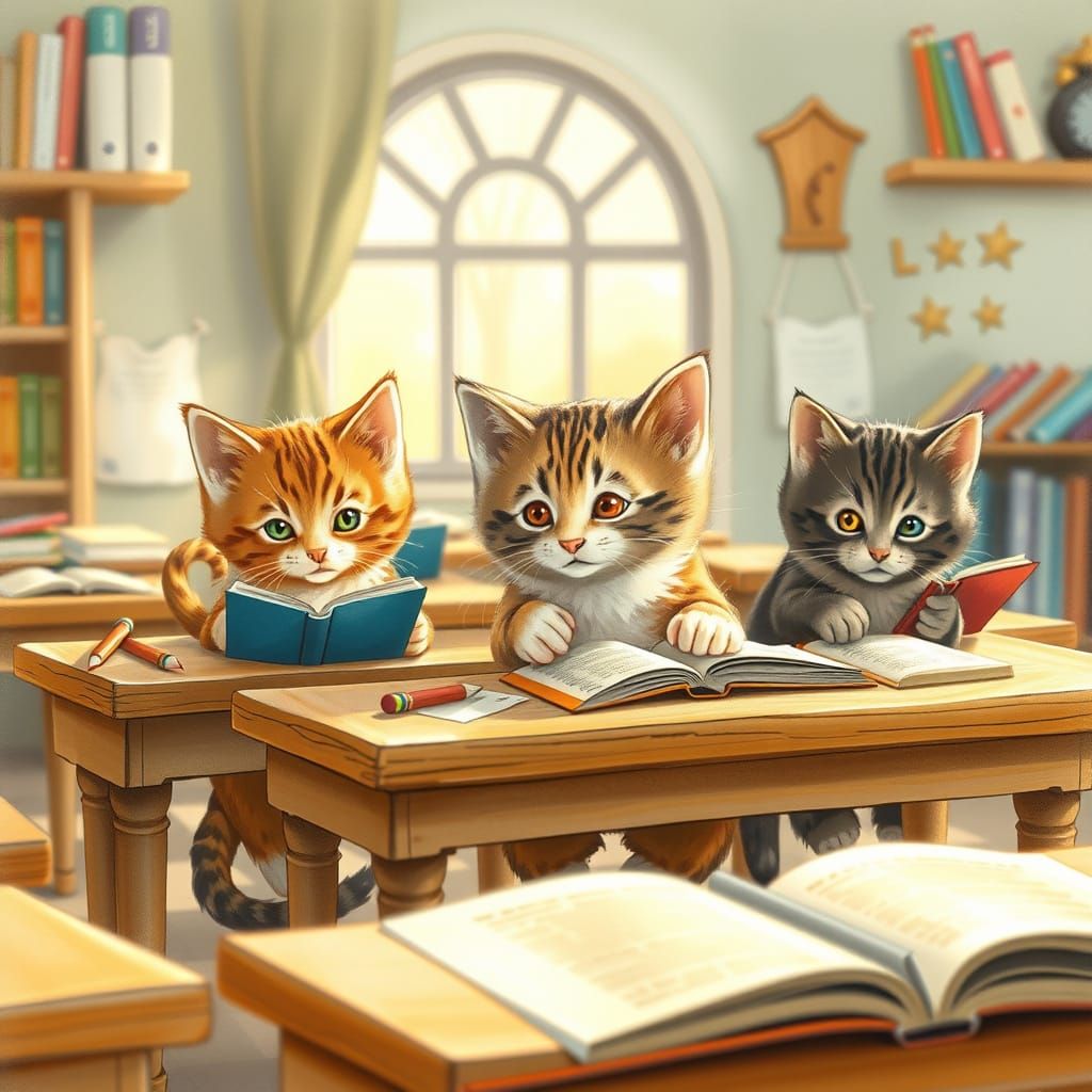 Whimsical Kittens in a Storybook Classroom