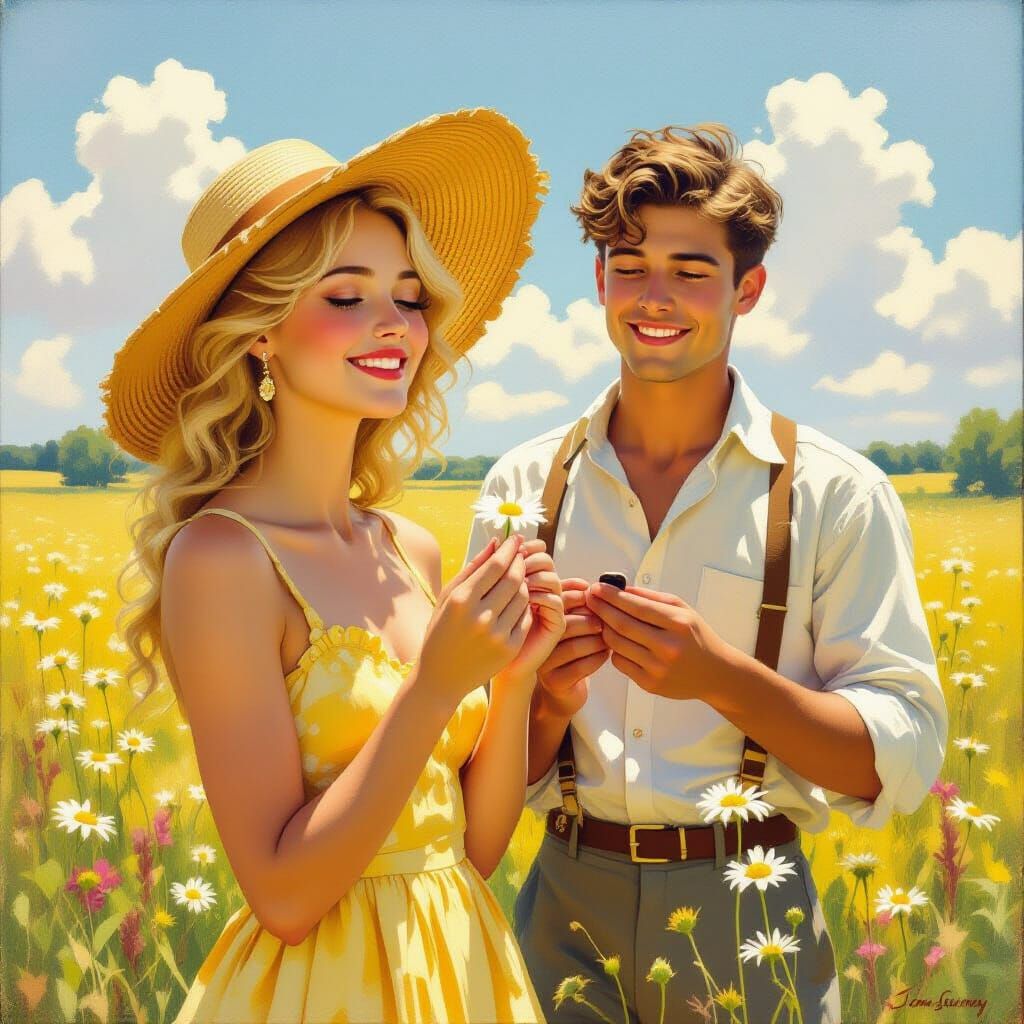 Impressionist Summer Romance: Woman Smells Daisy, Man Holds ...