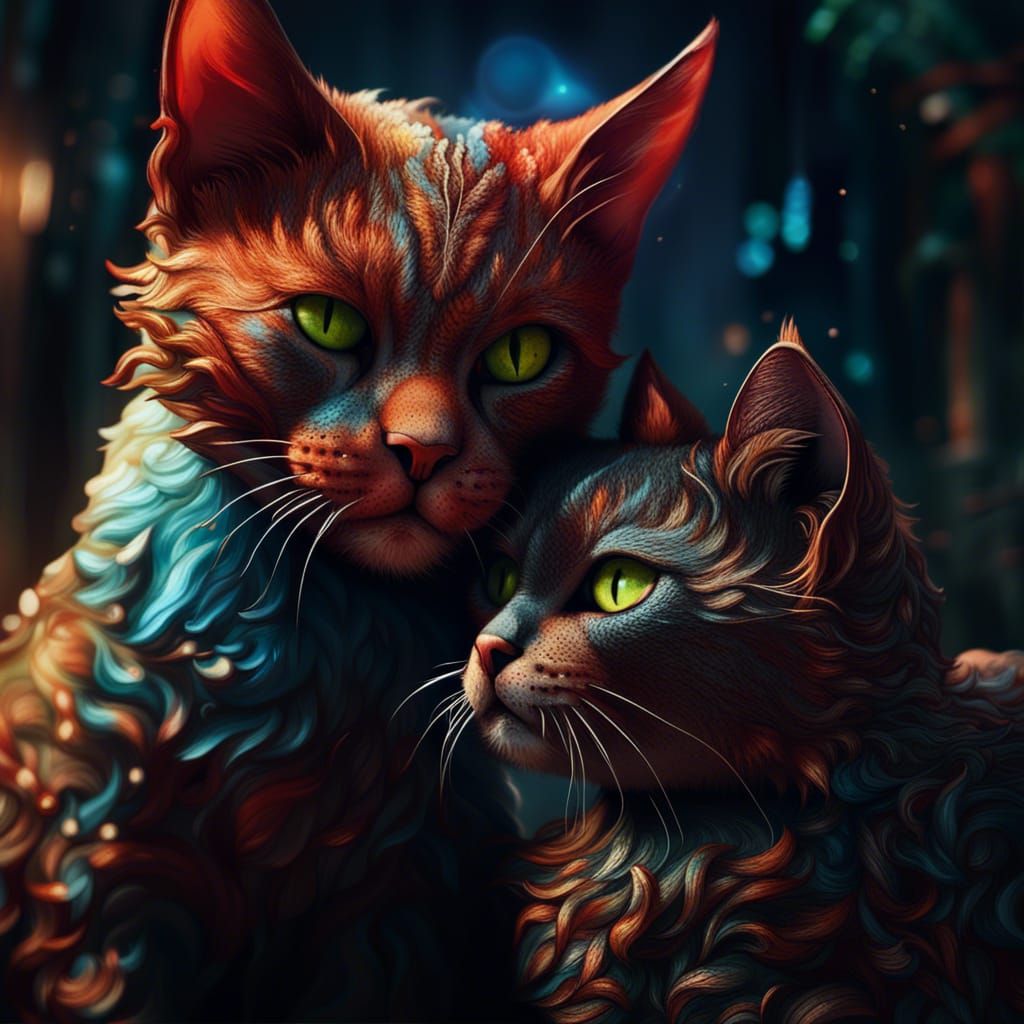 Two Cats in Intimate Embrace, Fantastical Matte Painting