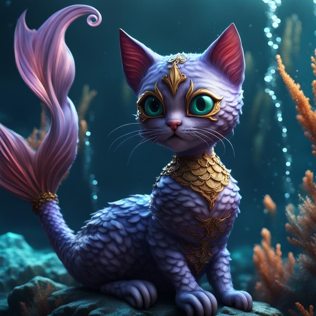 Mystical Feline Siren Emerging from Iridescent Depths
