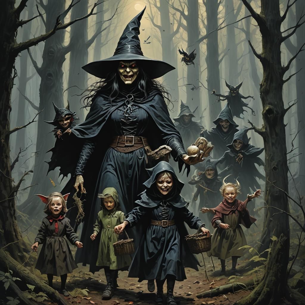 Dark Fantasy Witch Traps Innocent Children in the Shadows of...