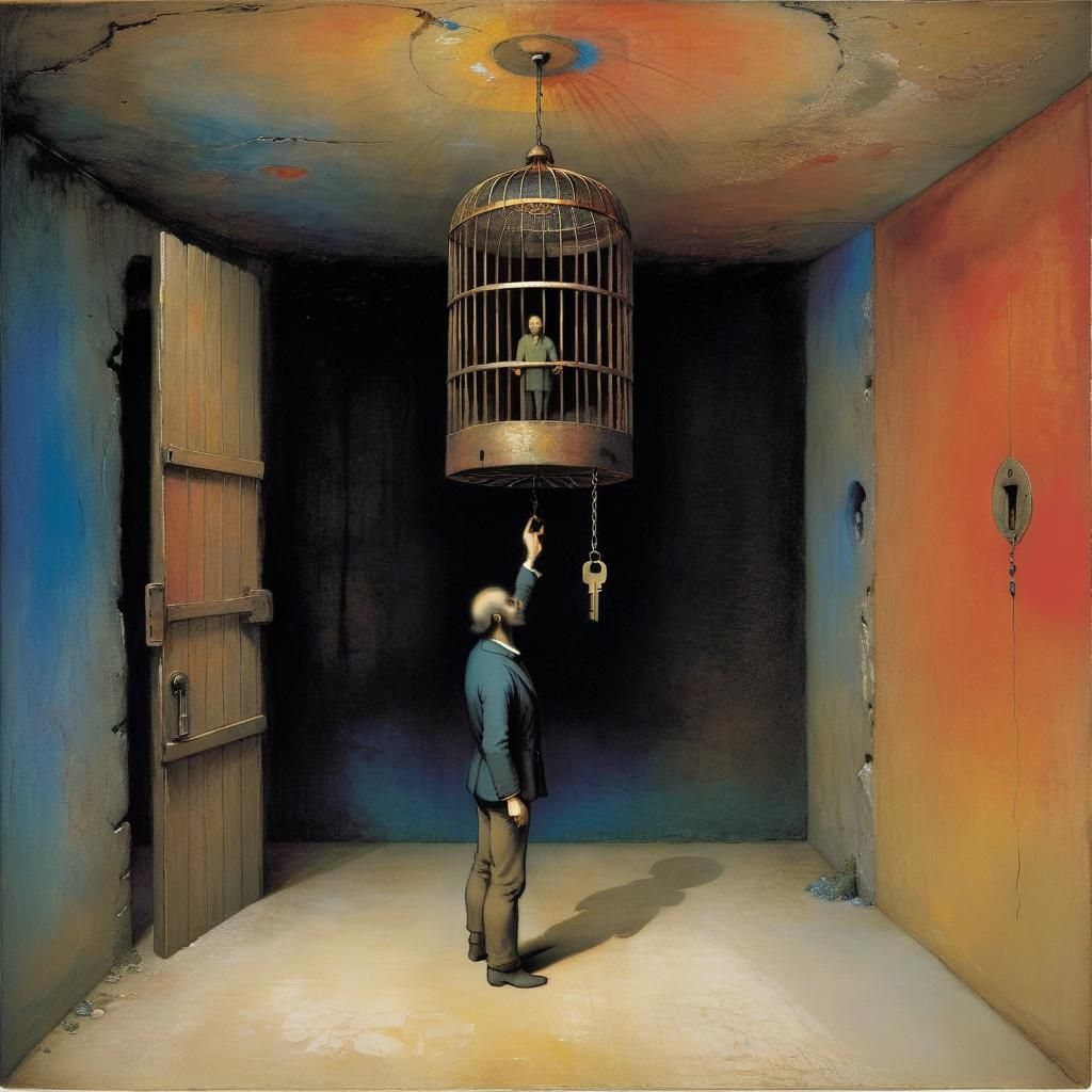 Man Suspended in Cage Holds Key, Viewed by Figure Below