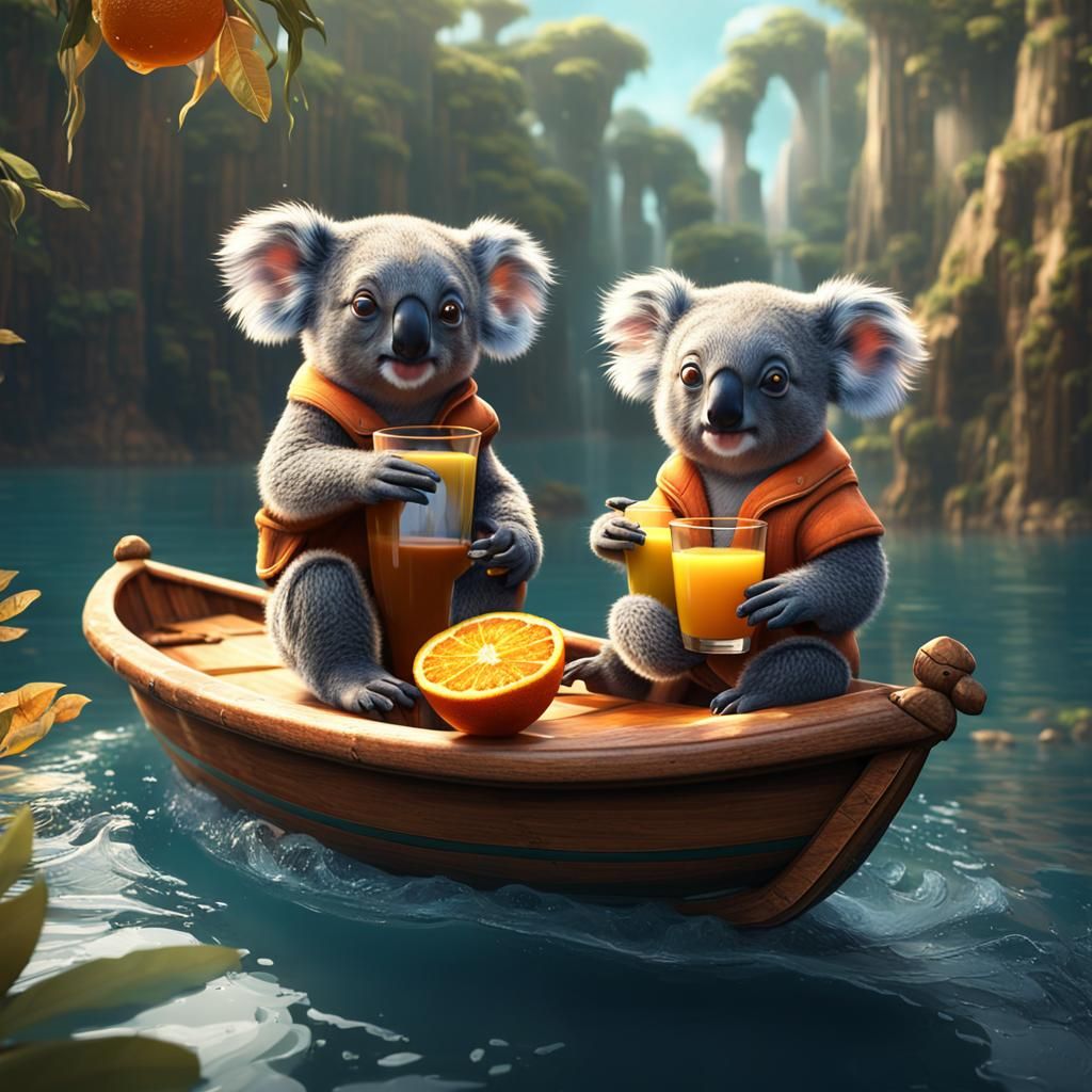 Whimsical Koala Boat Ode to Orange Juice in Vibrant Fantasy....