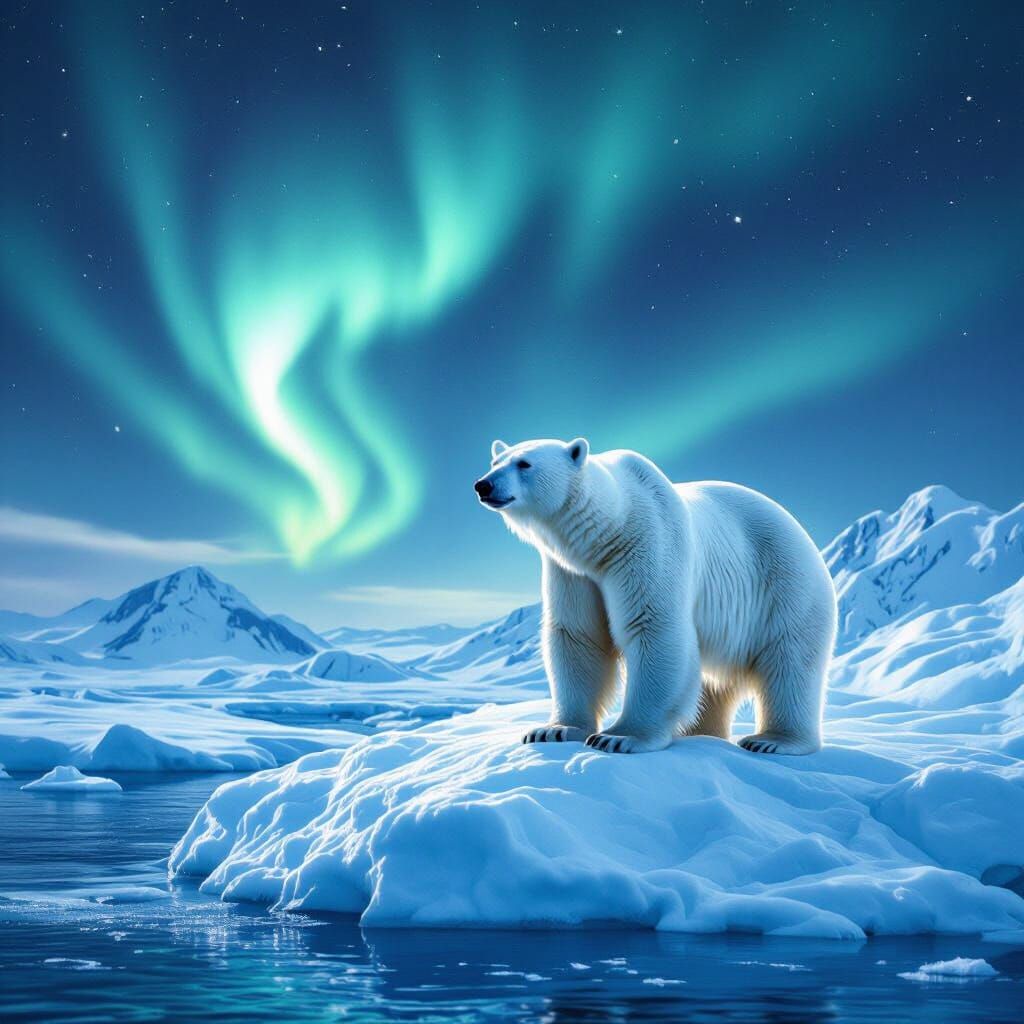 Polar Bear Under Aurora Borealis in Photorealistic Style