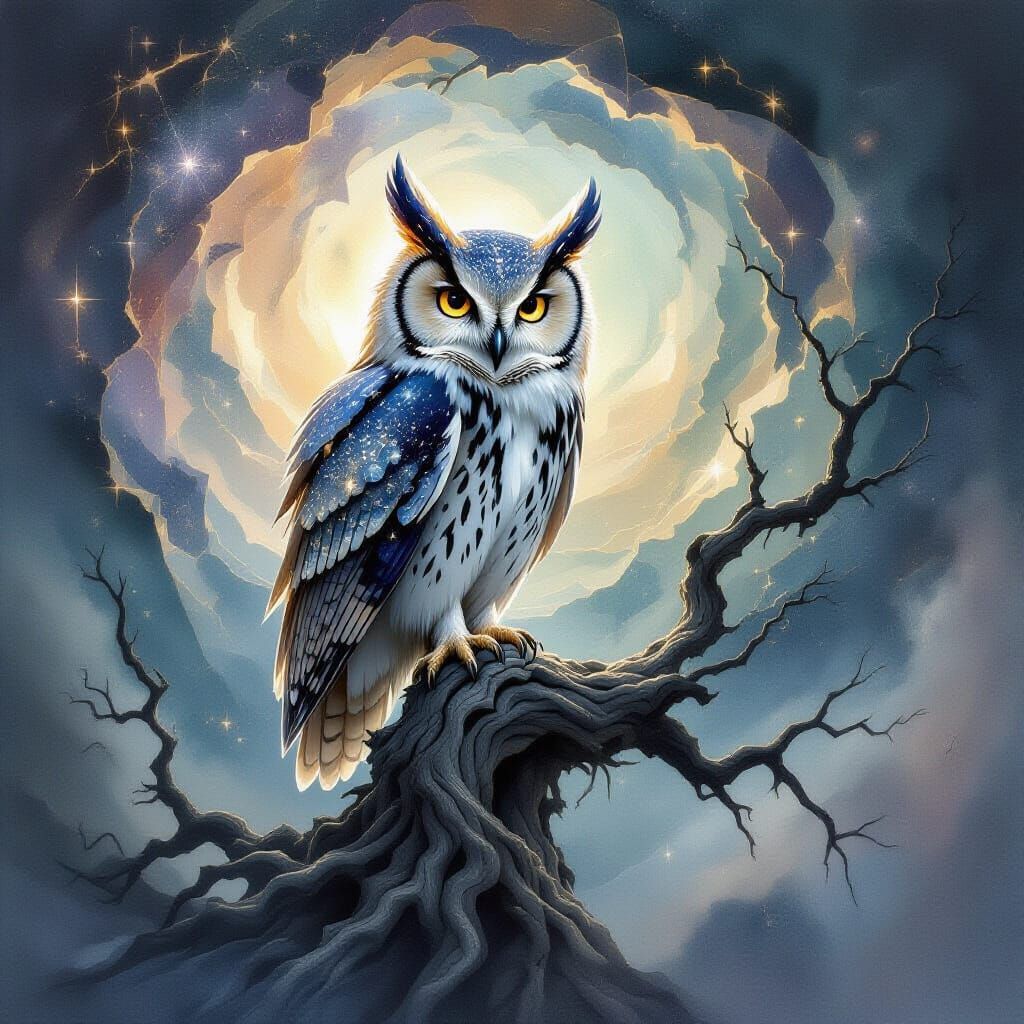 Starlight Owl on Ancient Tree in Cosmic Vortex