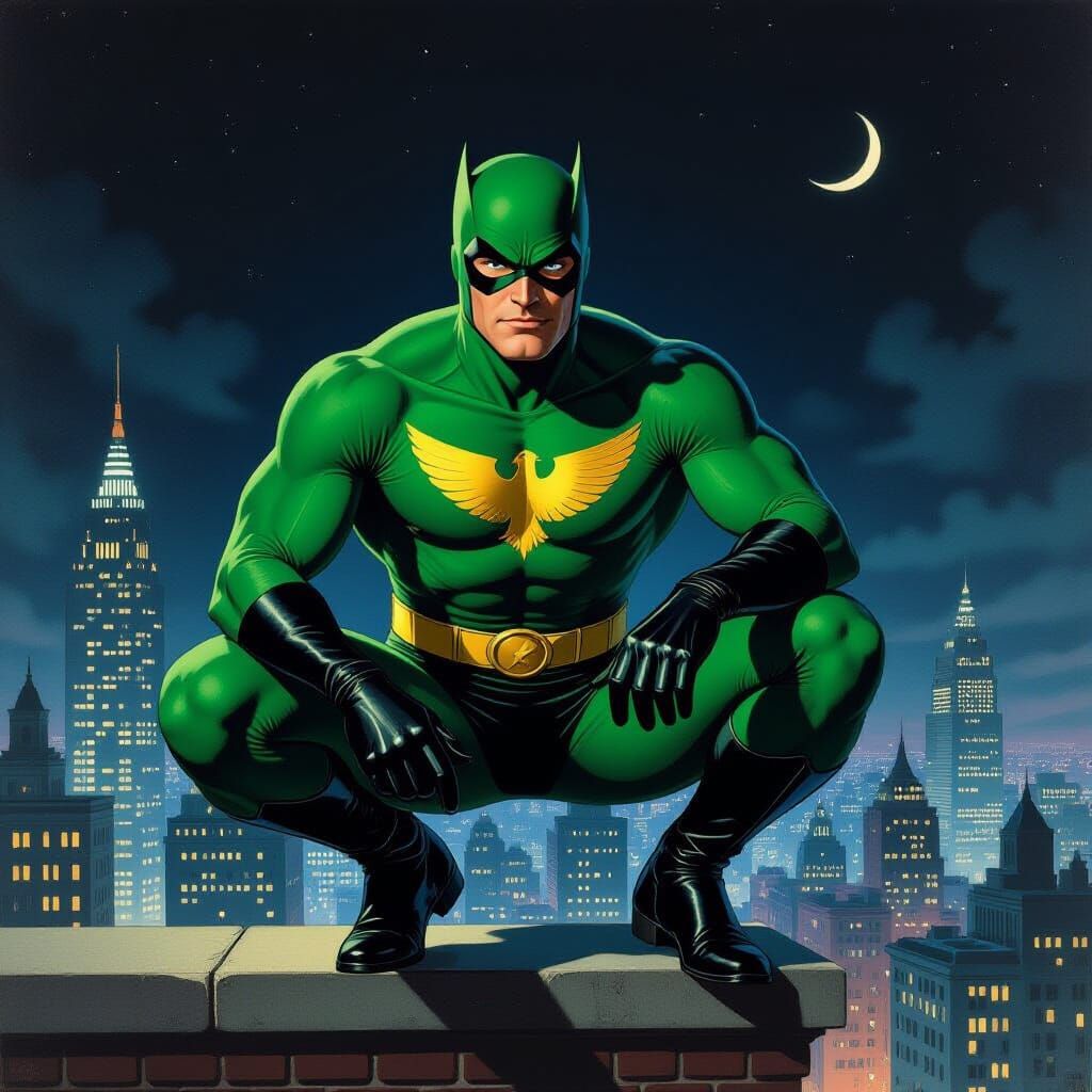 Superhero Surveys City at Midnight in Pulp Art Style